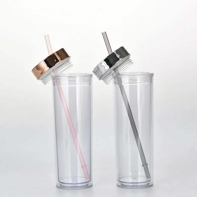Customized Logo Acrylic Tumbler 16oz Skinny Bottle With Straw Double Wall Acrylic Clear Plastic