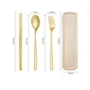 Juego completo de tres piezas en oro (cuchara + tenedor + palillos + caja)