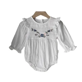 Baby autumn clothing flower embroidery smocking flounced sleeve Princess jumpsuit girl baby girl baby bodysuit rompers