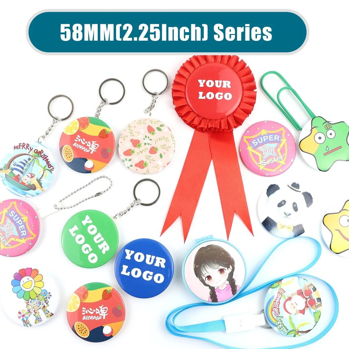 58mm(2.25 Inch)Button Maker Machine Pin Button Making Badge Press Machine Kit with 200pcs Button Parts and Circle Cutter