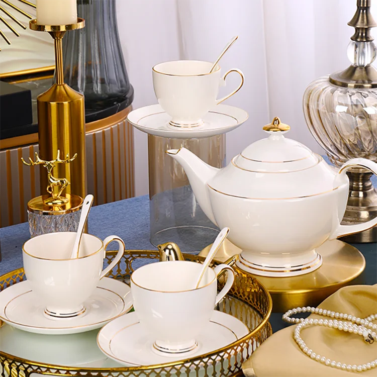 Luxury Golden Line Tea Pot Set Ceramic Porcelain Drinkware China Tea and Coffee Set supplier