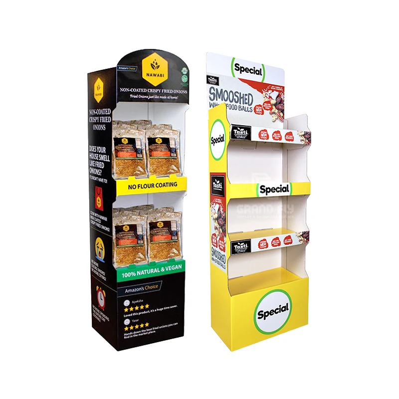 Custom Eco-friendly Advertising Snack Cardboard Display Stand Bread Corrugated Floor Display Shelf Potato Chips Biscuit Retail