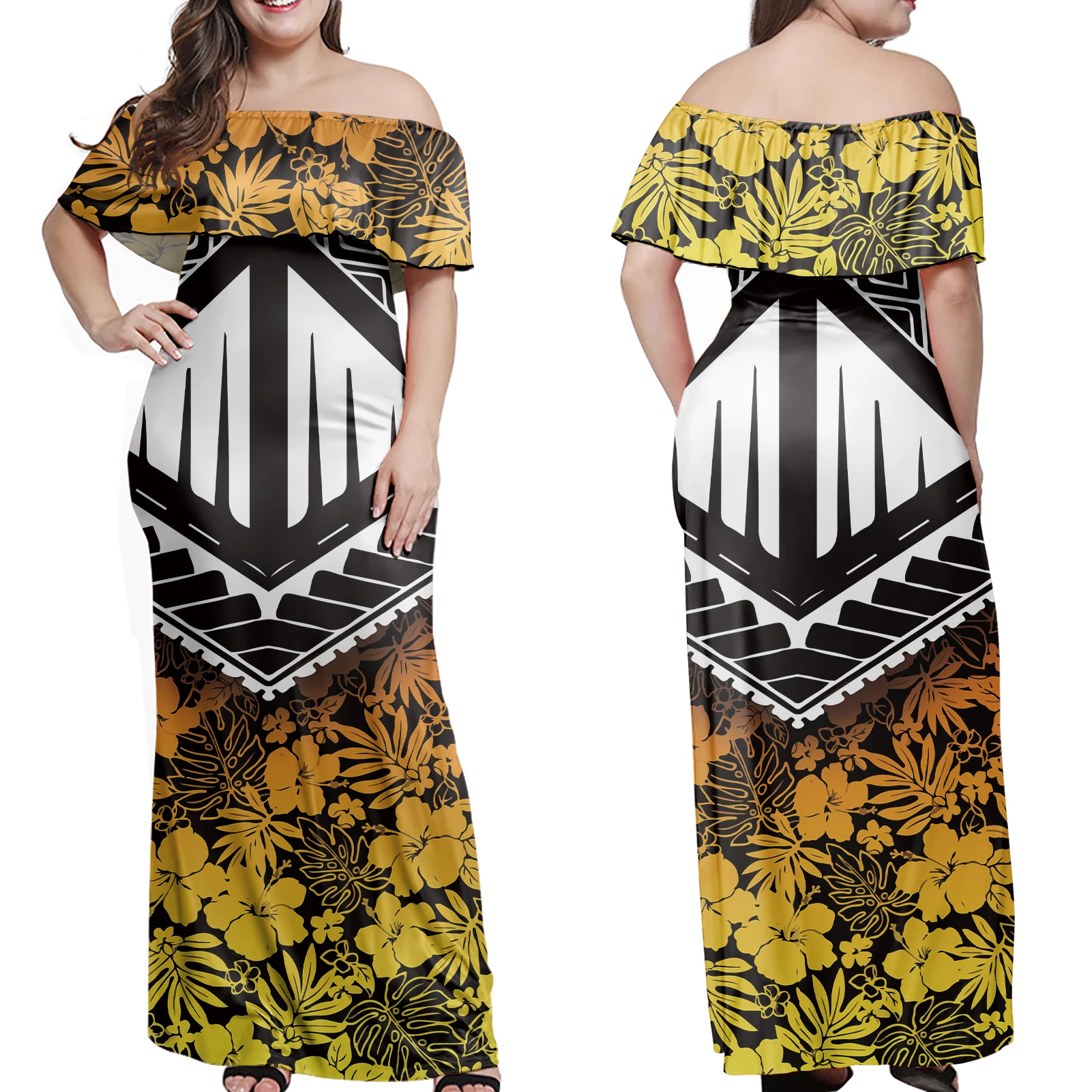 Customize Samoan Tribal Plus Size Womens Clothing Elegant Casual Long  Wedding Maxi Dresses Ladies Sexy off Shoulder Ruffle Dress - Main Image