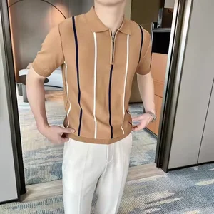 2024 Summer New Men's Knit Top POLO Neck Striped Pullover Knit Short-sleeve Sweater Pullover for Men