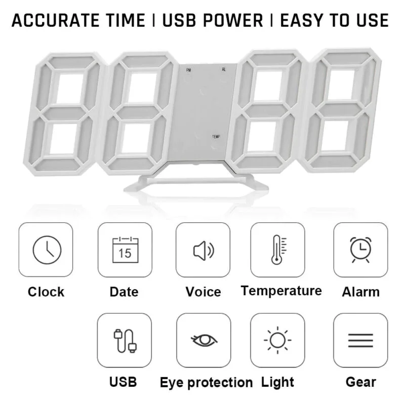 Wall Mounted Desktop Illuminate Alarm Digital 3D LED Desk Clock with Snooze Function
