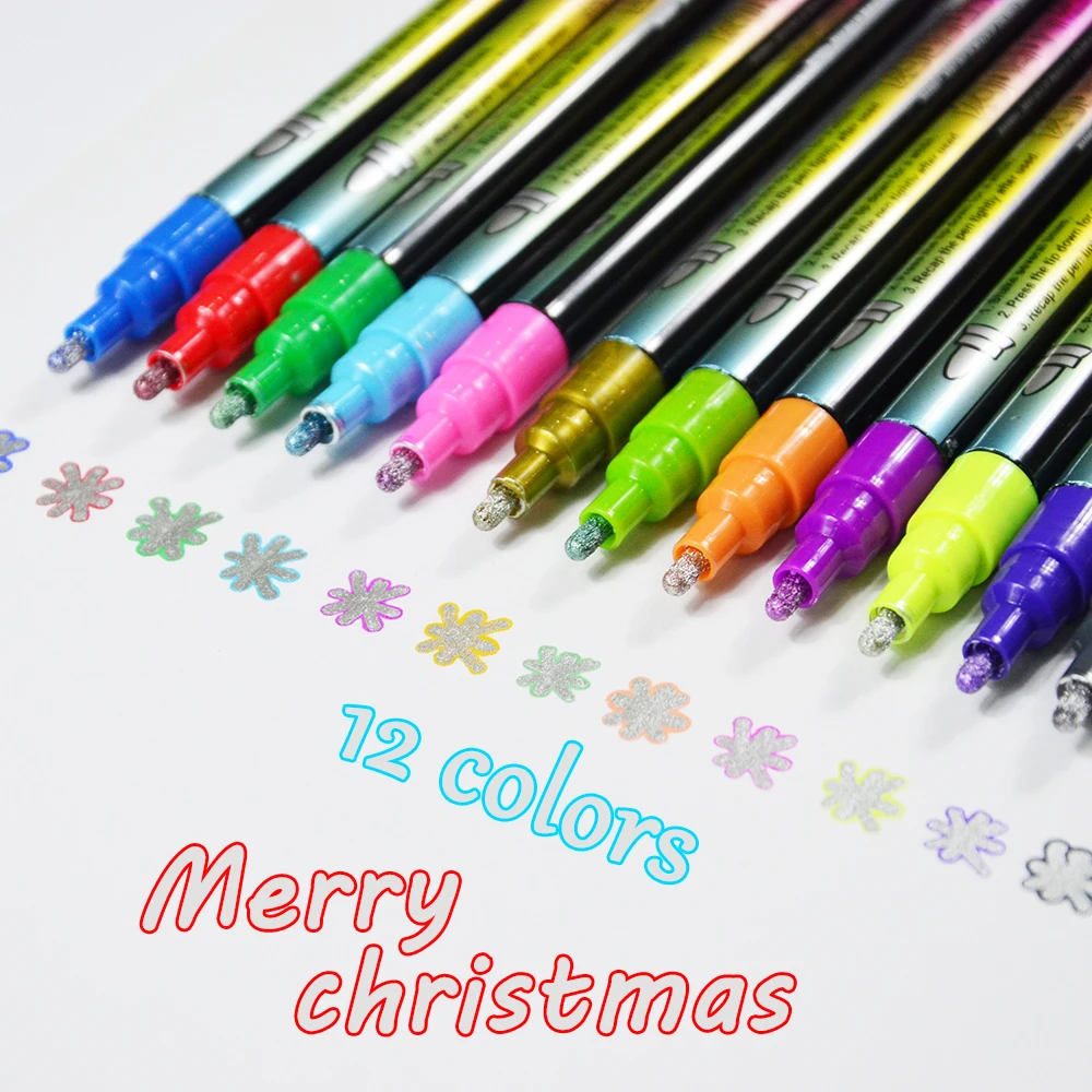 12 Color Double Line Outline Marker Pens, Super Squiggles Outline Pens 3mm  Thick Doodle Glitter Markers, Shimmer Colored Pens, Metallic Paint Markers