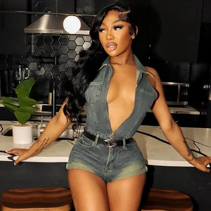 JY K24RP235 New Summer 2024 Sleeveless Turn-down Collar Jumpsuit One Piece Zipper Slim Short Jeans Jumpsuit for Women Lady