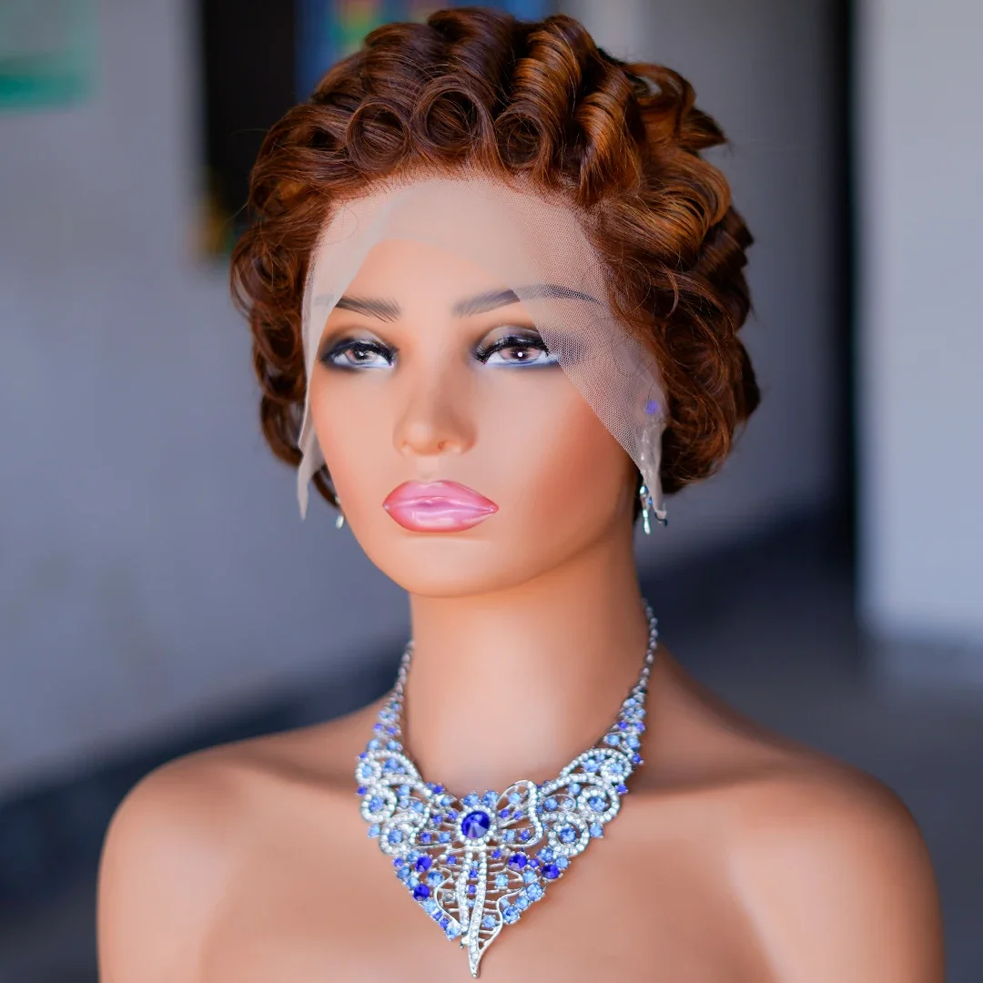 P4/30 Highlight Pixie Curly 13*4 Lace Frontal Human Hair Wig Indian Short Bob Wig_voghion.com