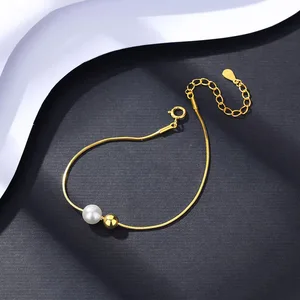 CZCITY Adjustable Silver Trendy 925 Snake Chain Beaded Imitation Pearl 14K Gold Plated AAAA Grade Round Korean Girls Bracelet