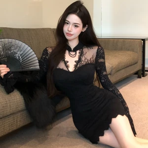 Women's Eco-Friendly V-Neck Joker Mini Dress Long Sleeve Black Sanding Lace with Horn Cuff Casual Style