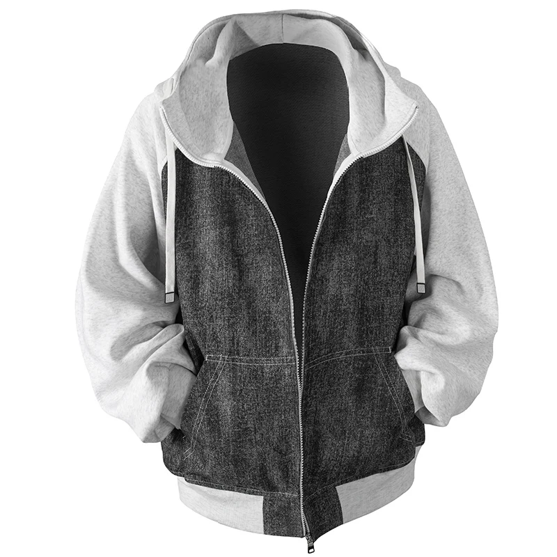 Color-blocked zip-up hoodie, black and white textured front panel with raglan sleeves, men's casual sportswear.