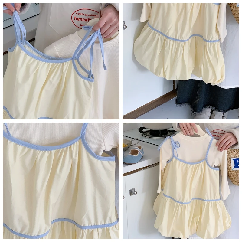 Summer Custom Color Suspender Linen Cotton Baby Toddler Dresses Set Cute Versatile Casual Light Yellow Cute Dresses Kids Girl