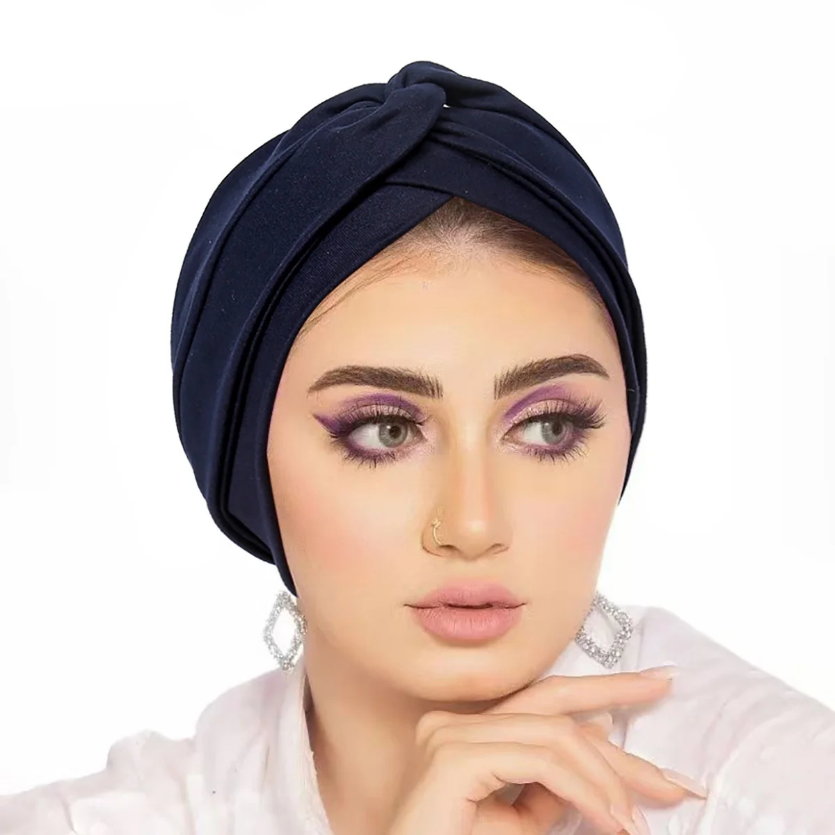 European American Pure Color Pullover Hat Cross Bottoming Baotou Turban Cotton Forehead Pleated Indian Hat for Muslims