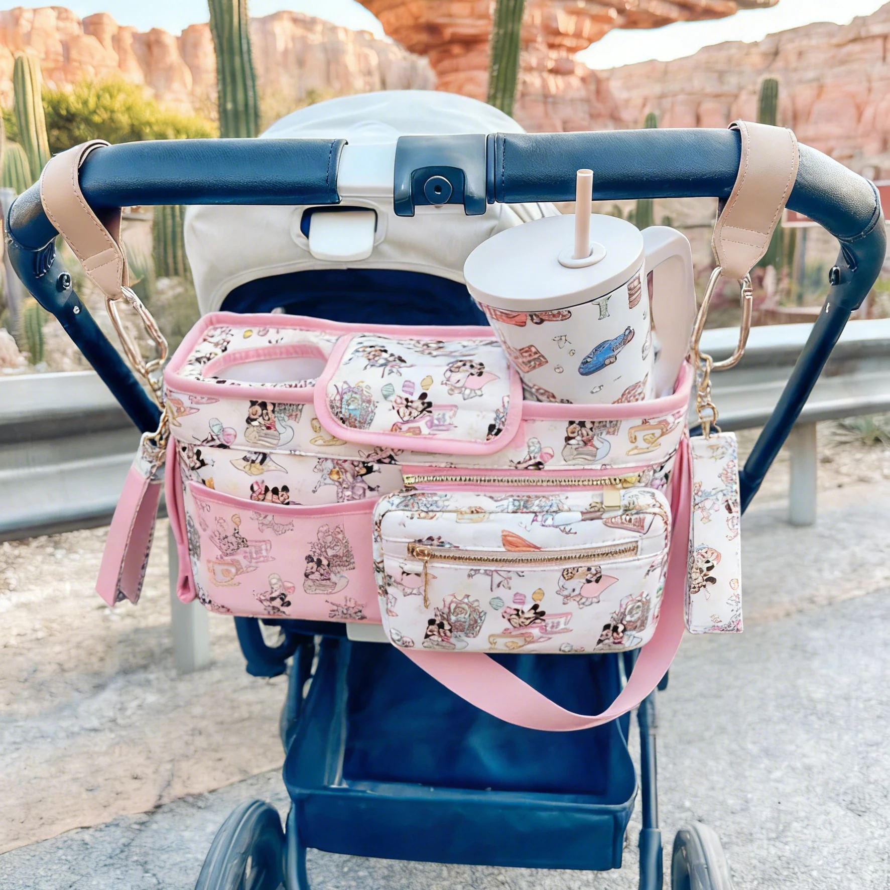Keymay All Carton Pattern Detachable Front Pocket Insulated Nylon Water Resistant Large Capacity Cup Holder Baby Stroller Bag