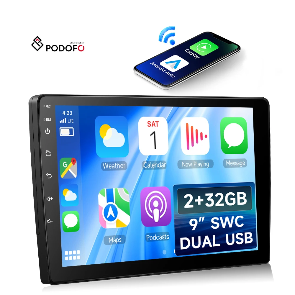 Podofo 9 Inch Android Car Radio 2+32GB Stereo Player Wireless Carplay Android Auto Radios BT GBS SWC USB OEM/ODM Wholesale A4658