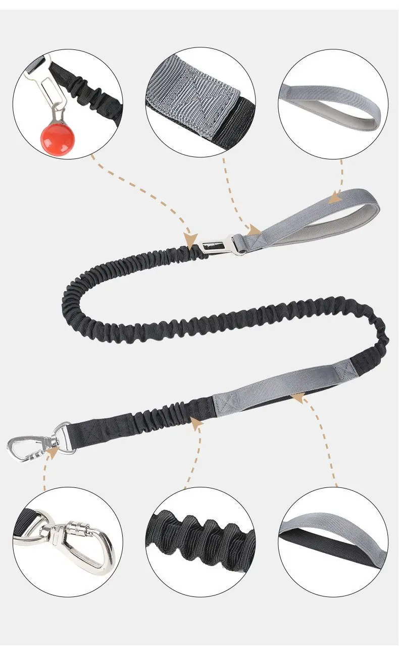 Multifunctional Nylon Bungee Dog Leash with Comfort Sponge Handle, Carabiner Clip and No-Pull Ergonomic Grip for for Walking
