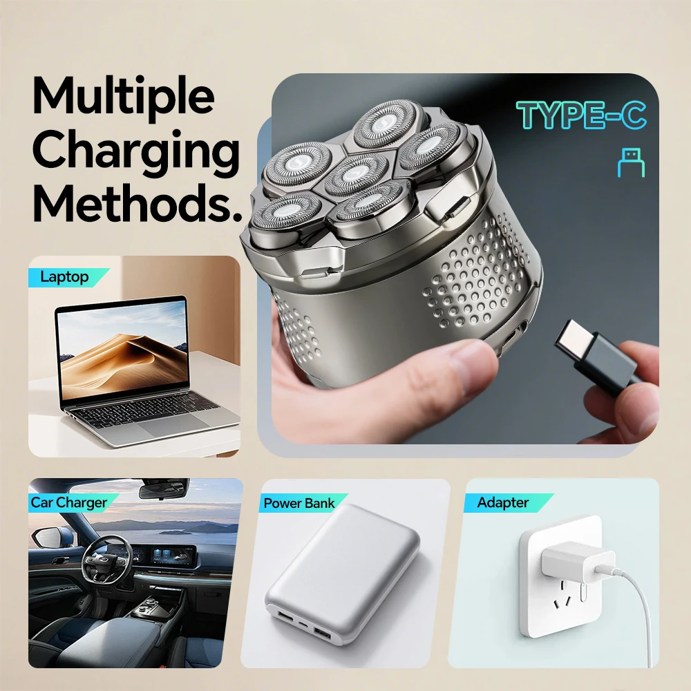 Type-C Charging Electric Shaver Six Blade Floating Razor Stainless Blades Rotary Rotating Shaving Machine for Household RV Hotel supplier