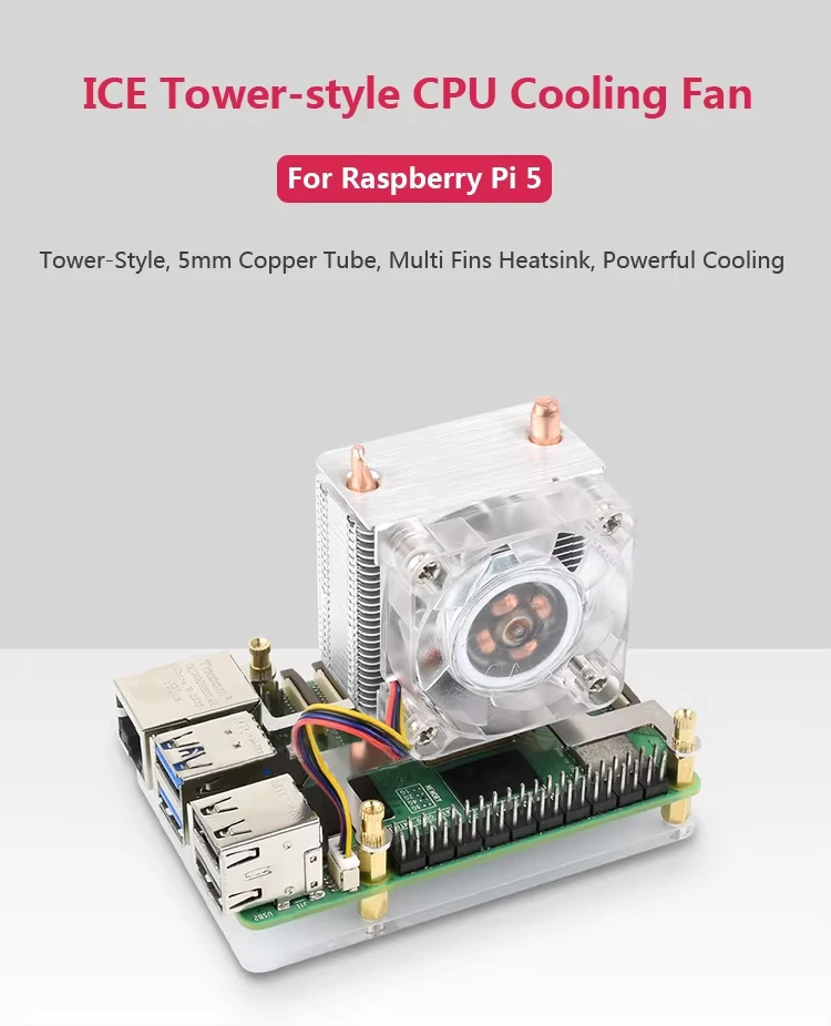 Raspberry Pi 5 Vertical Ice Tower Radiator U-shaped Copper Tube Fins CPU Cooling RGB Colorful Fan