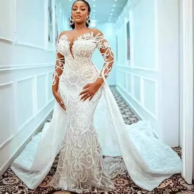 AL1802 2024 Custom Made White Rhinestone Silver Wedding Gown for Bride Elegant Two in One Mermaid Wedding Dress
