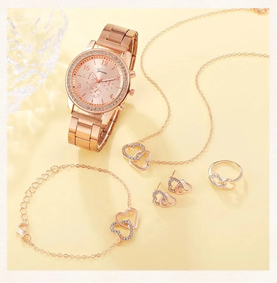 6PCS Set Rose Gold Luxury Watch Women Ring Necklace Earring