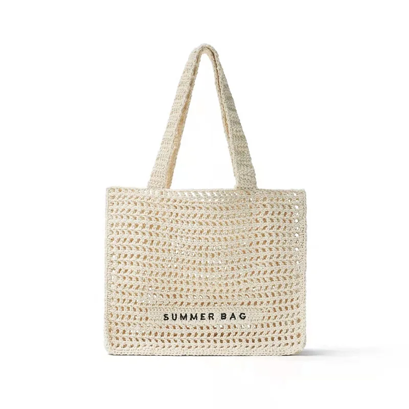 Cotton Tote Bag Letter Simple Casual Hollow Out Summer Crochet Knit Beach Handbag Women Holid, Custom Logo & OEM/ODM Welcome