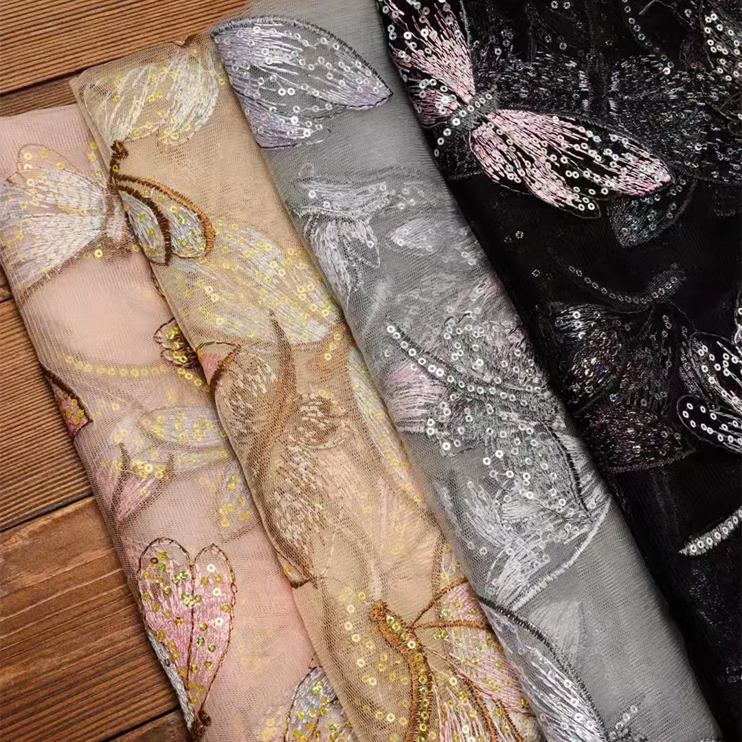 Factory Custom Stock Lot Cheaper African Dragonfly Design   Mesh Embroidery Lace Fabric With Sequins for Dress
