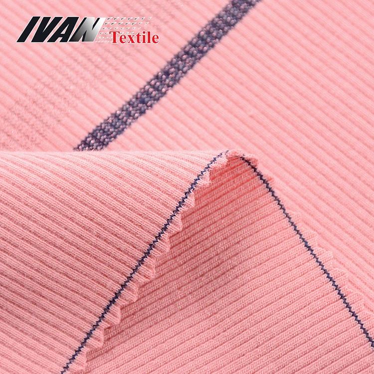 Пряжа окрашенная 26S полоса вязать CVC двойной трикотаж 2x2 ребристая эластичная ткань с люрексом