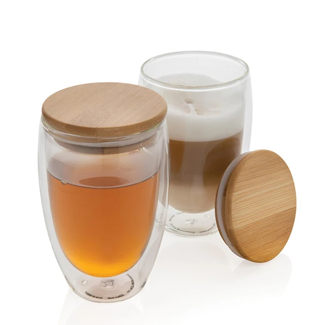 Wholesale clear heat resistance double wall packaging glass tea coffee cup with bamboo lid borosilicate glass mug