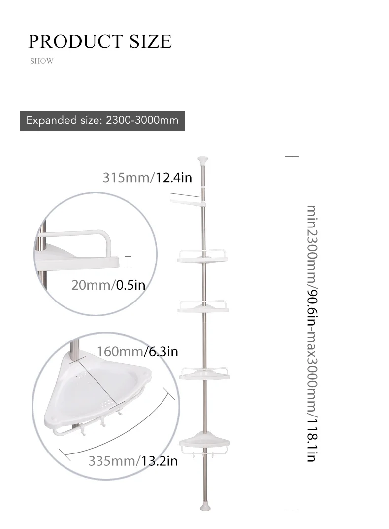 4 Layer Bathroom Bathtub Telescopic Corner Shower Caddy Revolving Storage Rack Triangular Fan