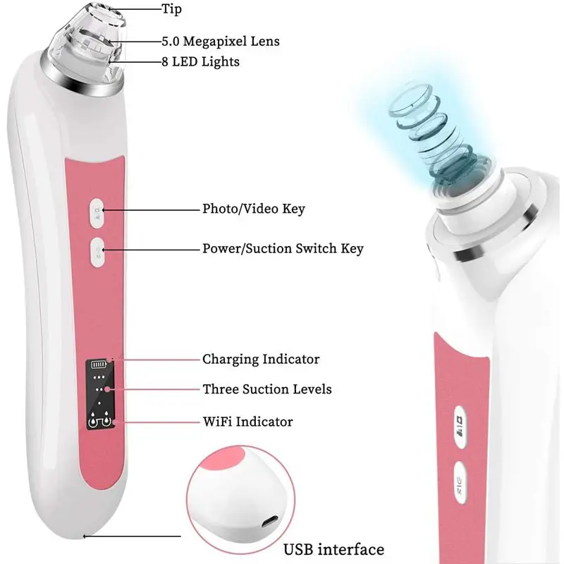 20X Microscope App  Visual Rechargeable Suction Facial Pore Cleaner with 6 Replaceable Blackhead Remover Vacuum with Camera