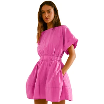 New Minimalist Satin Dress with Elastic Waist Commuting Vacation Dress for Girls Youthful Feeling Classical Style Spring Season