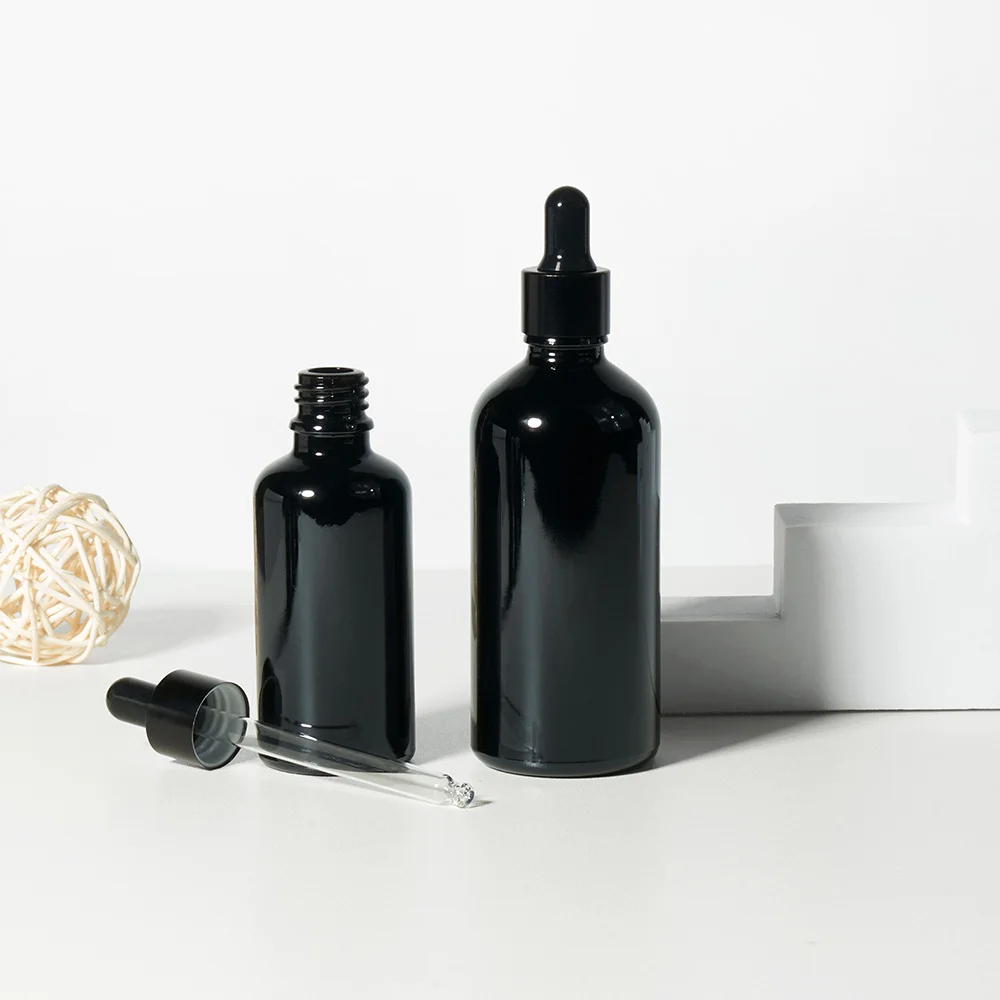 Custom Logo Printing 5ml 10ml 15ml 20ml 30ml 50ml 100ml Cosmetic Essential Oil 1 oz Shiny Black Glass Dropper Bottle With Box