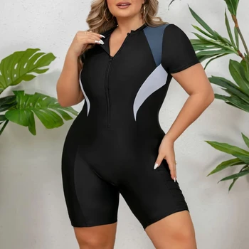 Women's Short-Sleeved Zipper Sports One-Piece Swimsuit New Fashion Plus Size Sexy Bikini Beach Suit OEM Available