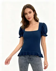Women's Tshirt Square Neck Knitted Top Puff Short Sleeve Ruffle Hem Slim Fit  Casual Knitted Blouse t Shirt for Women Ladies