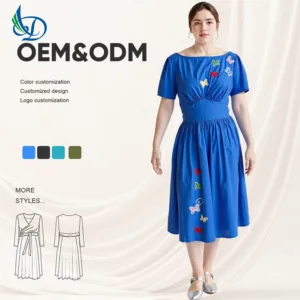 Women's square Neck Long Dress with Embroidered butterfly Decoration