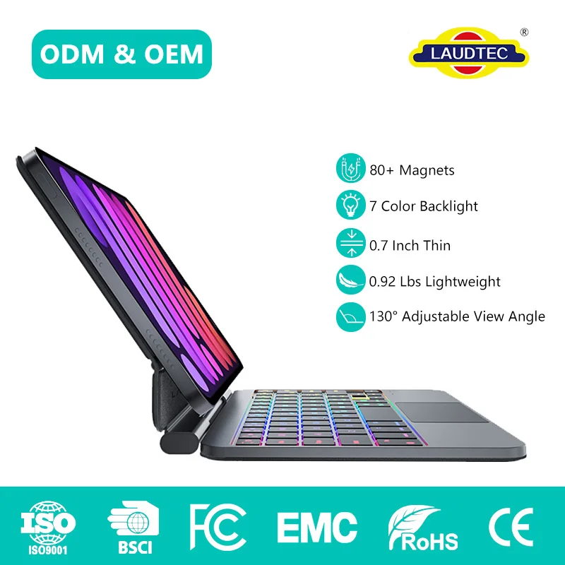 Étui-clavier sans fil Bluetooth haut de gamme en similicuir PU pour iPad Mini 6/7, rétroéclairage ultra-fin RVB à 7 couleurs, prise en charge de la personnalisation OEM/ODM