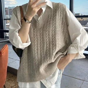 China V-times V-Neck Korean  Knitted PolyesterVest Sweater Women 2026 Autumn Layered Loose Plus-Size Anti-Pilling Solid