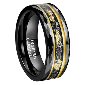 Coolstyle Jewelry 8mm Mens Womens  Engagement Wedding Band Meteorite Gold Foil Inlay Faceted Black Tungsten Carbide Rings
