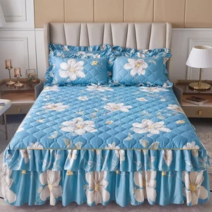 Amazon Hot Sell Bed Skirts Set Double Layer Bedspread Floral Printed Bedsheet Bilateral Bed Skirt + 2pcs Pillowcase Bedsheets
