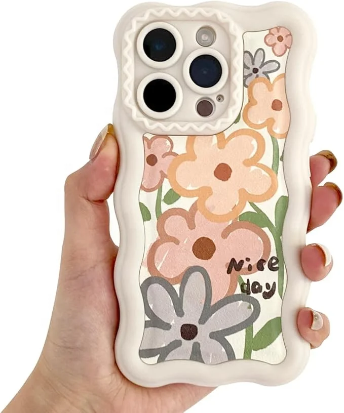 Laudtec Funda estética de diseño de olas rizadas con flores y dibujos animados para iPhone 16 pro max, funda de cuero PU a prueba de golpes  