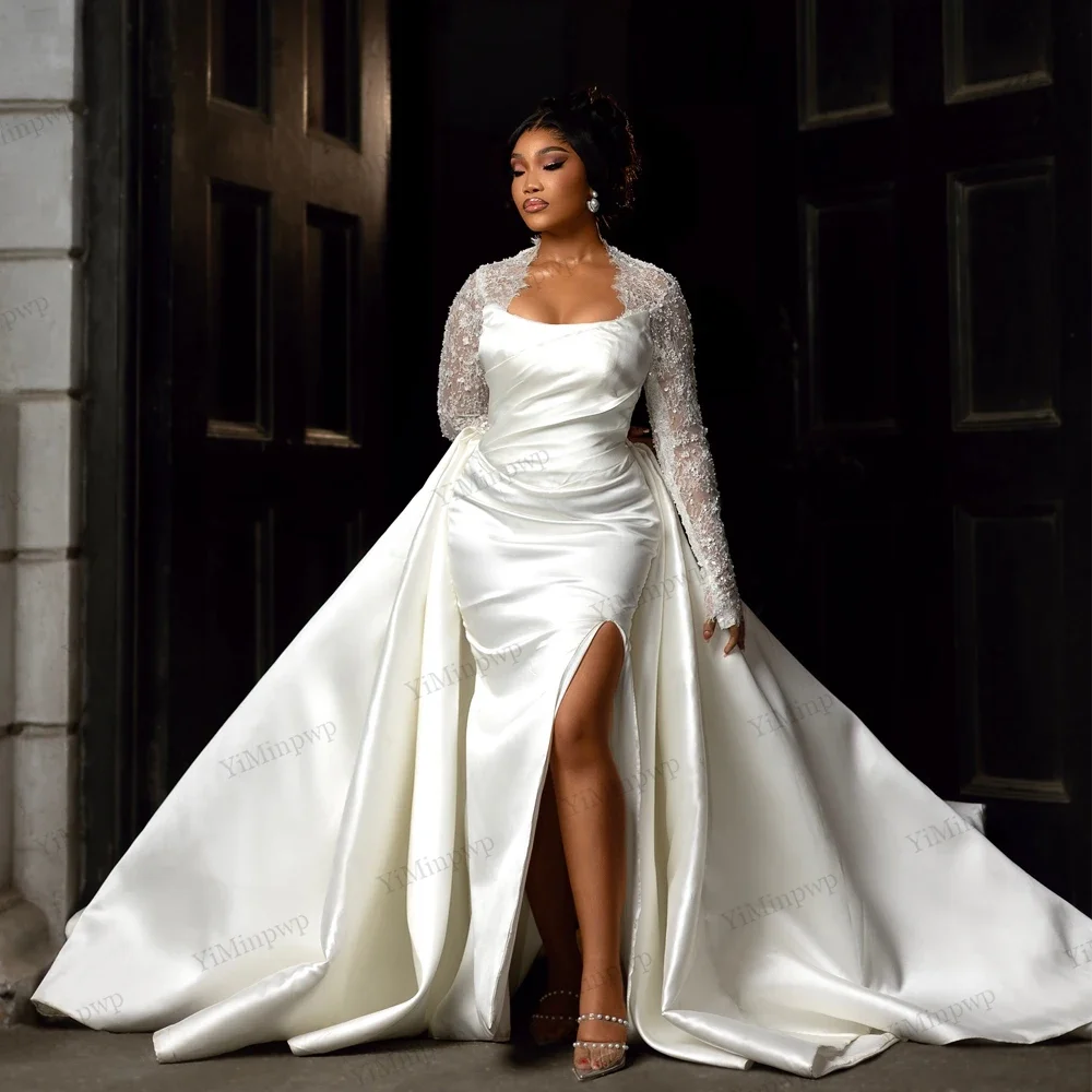 bridal satin dresses in nigeria African White Satin Wedding Dress With Long Train