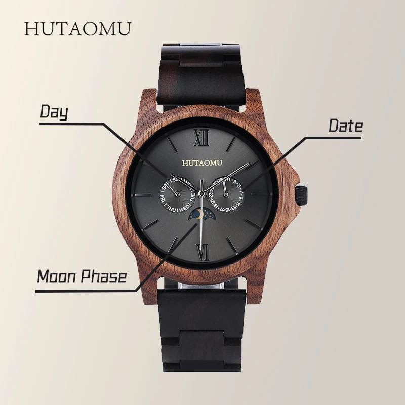 DODO DEER Luxury Moon Phase Date Display Ebony Walnut Wood Watch