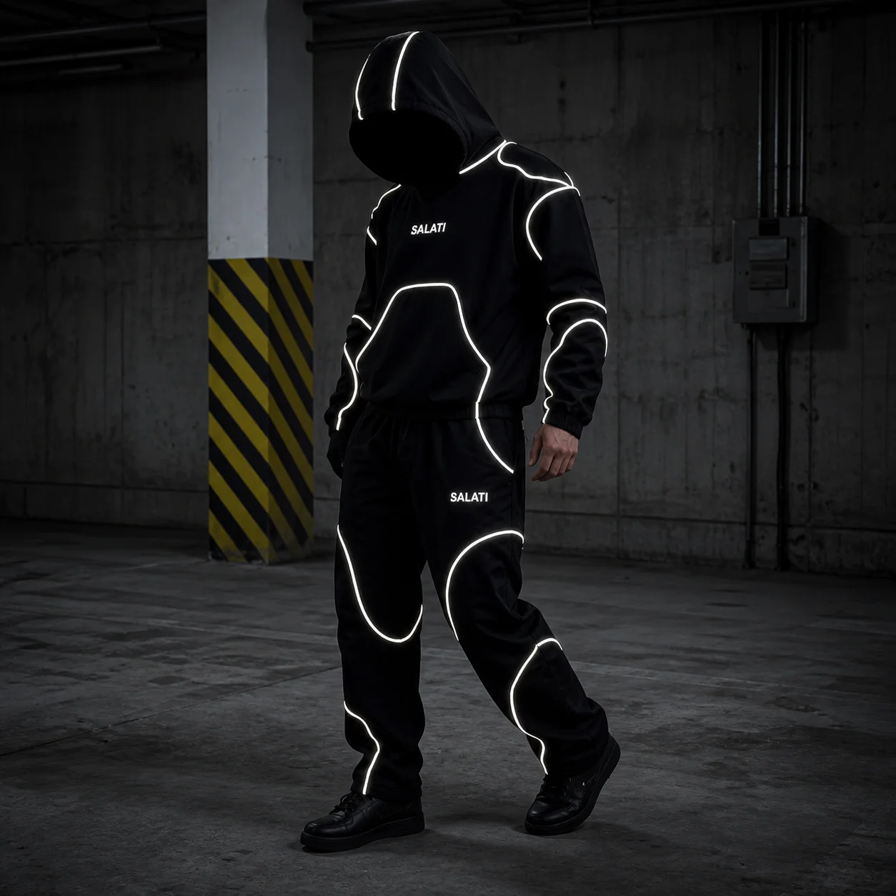OEM Custom Mens Sweatsuit Set Reflective Piping Hooded Sweatshirt Loose Joggers Casual Y2K Urban Streetwear Men Tracksuit Set gallery 3