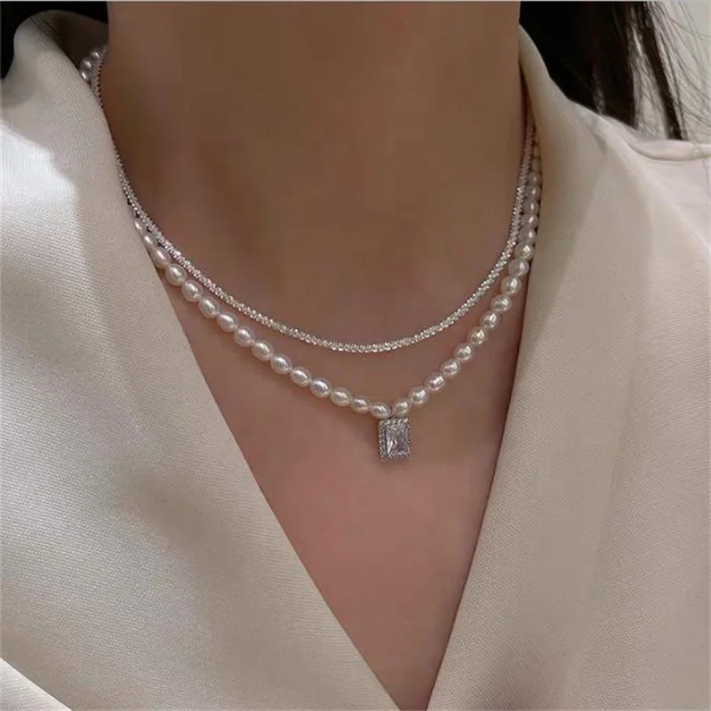 HMOIS double layers fashion natural freshwater white pearl choker