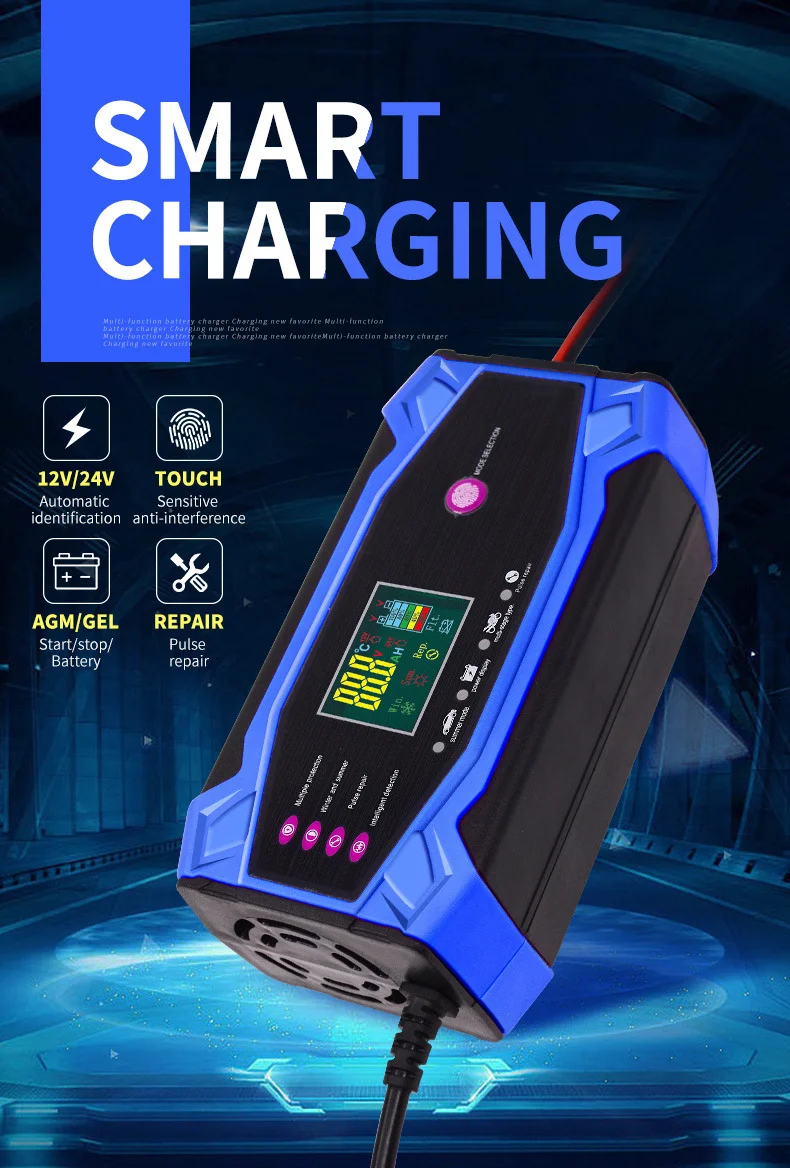 CHAOCHENBEN Hot Sell Blue Intelligent Pulse 12V/24V 10A Car Battery Charger Temperature Compensation Multi-Function Integrated manufacture