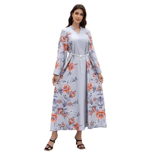 New Wholesale Middle East Printed Belt Muslim Women Robes V-neck Long Sleeve Dress