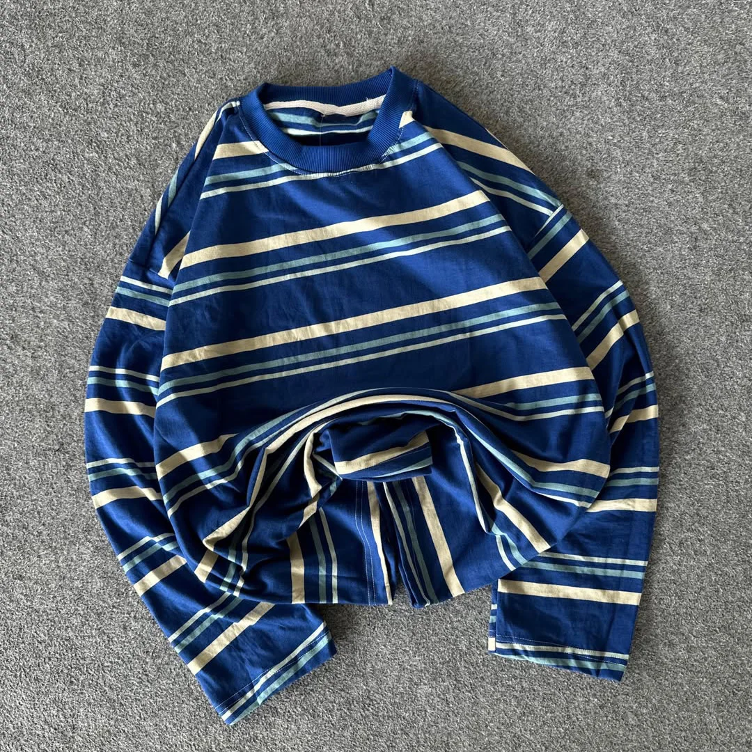 product new trend custom vintage color contrast stripe raglan long sleeve top premium 100 cotton daily commuter mens long sleeve-2