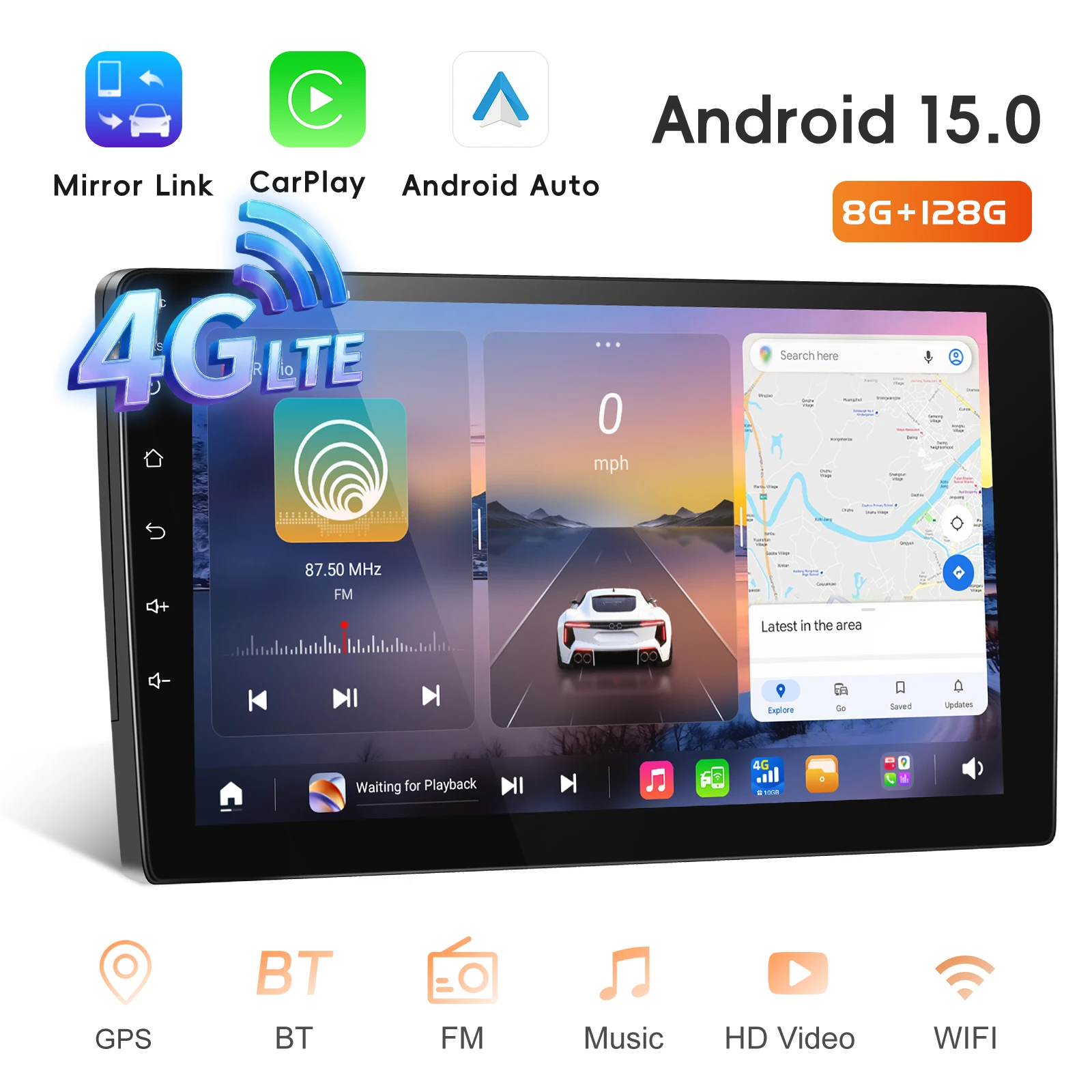 Podofo 9 Inch 8+128G 8cores 2.0GHz Car Radio Wireless Carpaly Android Auto 48EQ Car Stereo WIFI&4G LTE FM/AM/RDS OEM ODM A4668