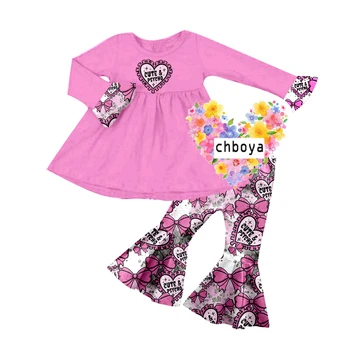 Baby girls boutique new style for Valentine's Day clothing pink skirt top flared trousers suit milk silk kids clothes