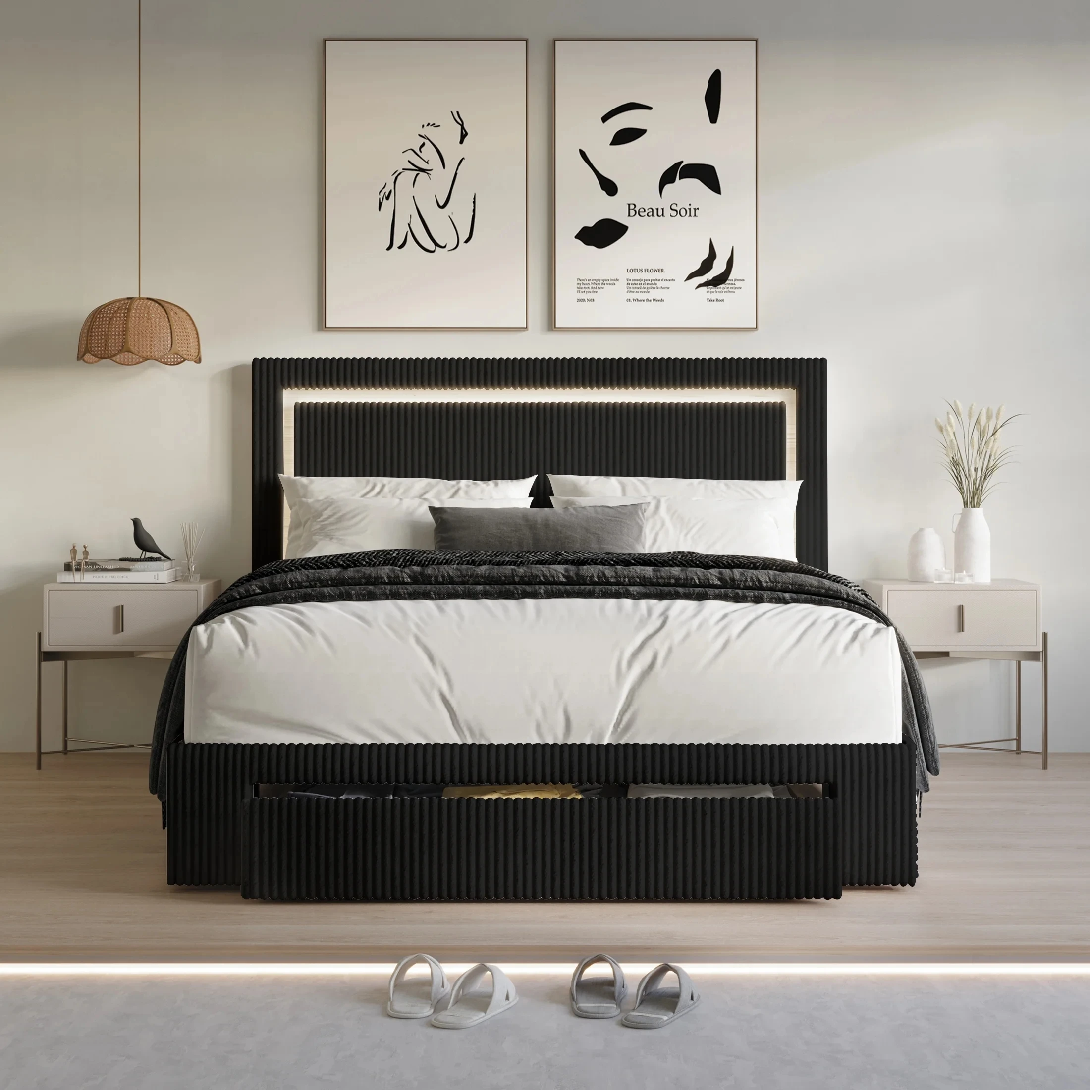 Latest modern design bed set LED Glow Headboard storage drawer Queen size comforter luxury bed for Apartment Hotel and Bedroom